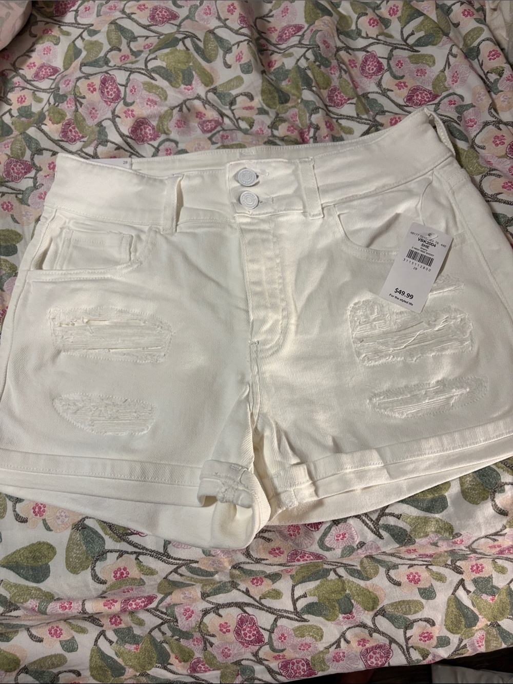 KanCan Cream Distressed High-Rise Jean Shorts